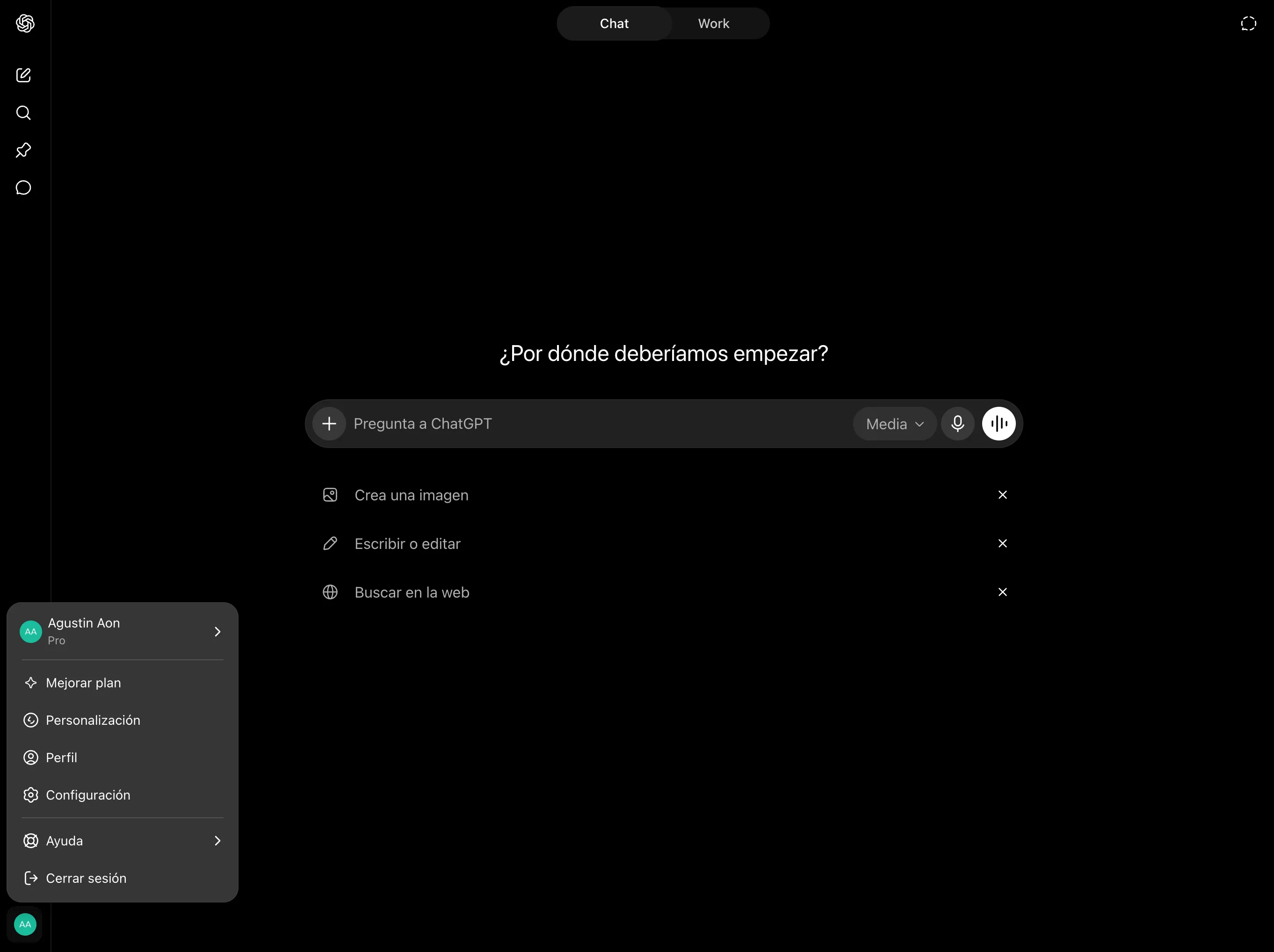 Menú de cuenta de ChatGPT abierto, con la opción Configuración.