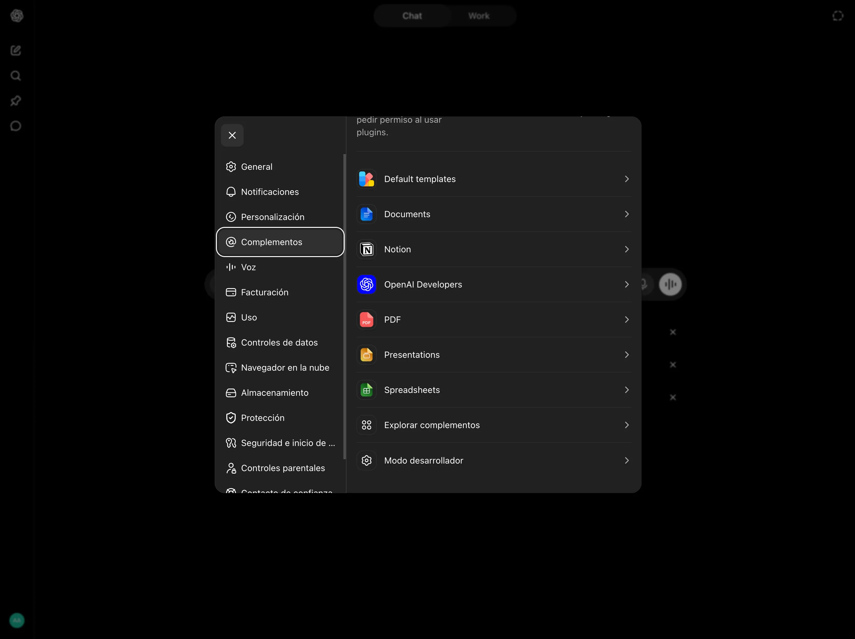 Panel de Complementos en la configuración de ChatGPT, con las opciones Explorar complementos y Modo desarrollador al final de la lista.
