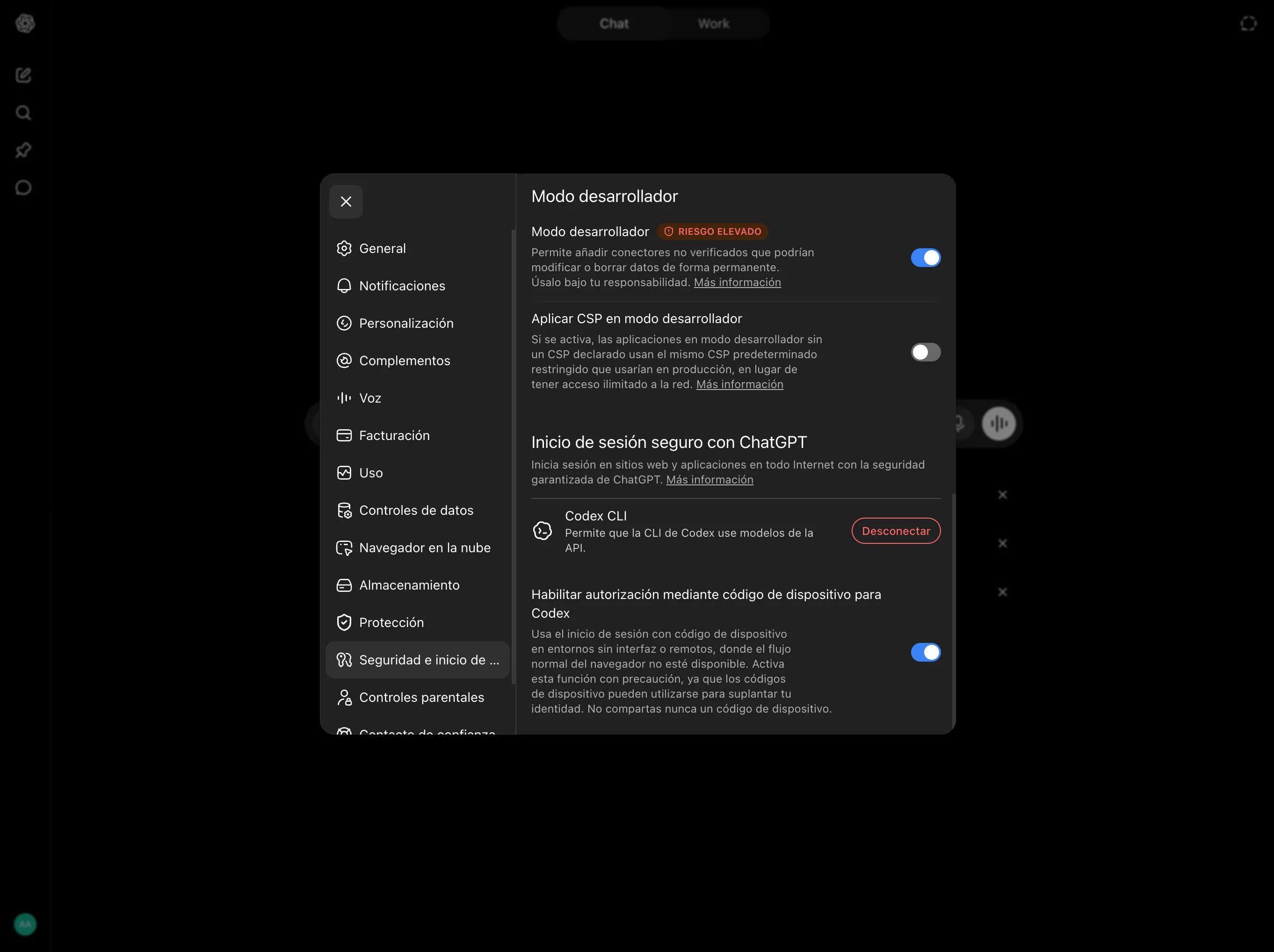 Sección Modo desarrollador de ChatGPT con el interruptor activado.