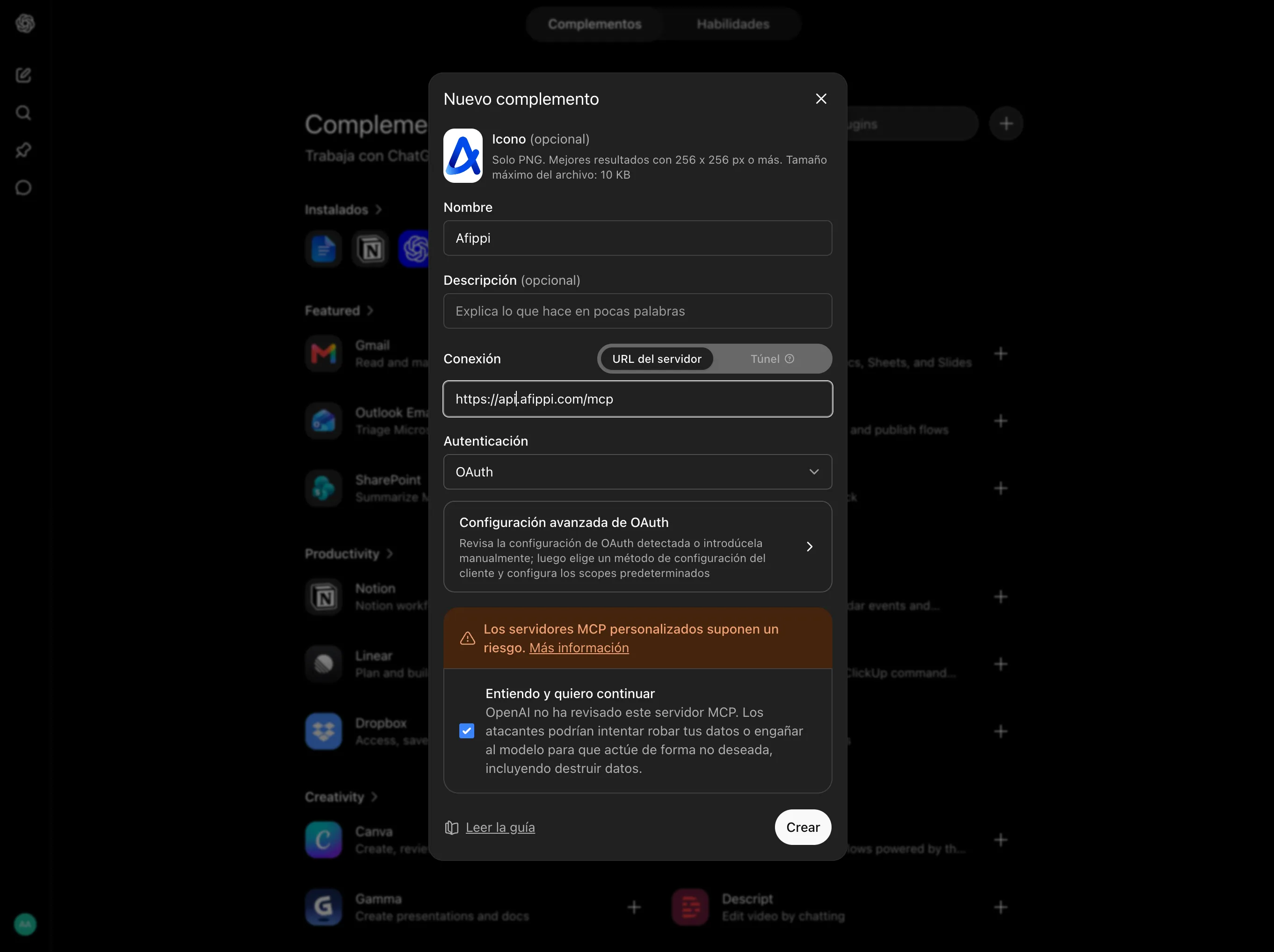 Ventana Nuevo complemento de ChatGPT con el nombre Afippi, la URL del servidor MCP y la autenticación OAuth.