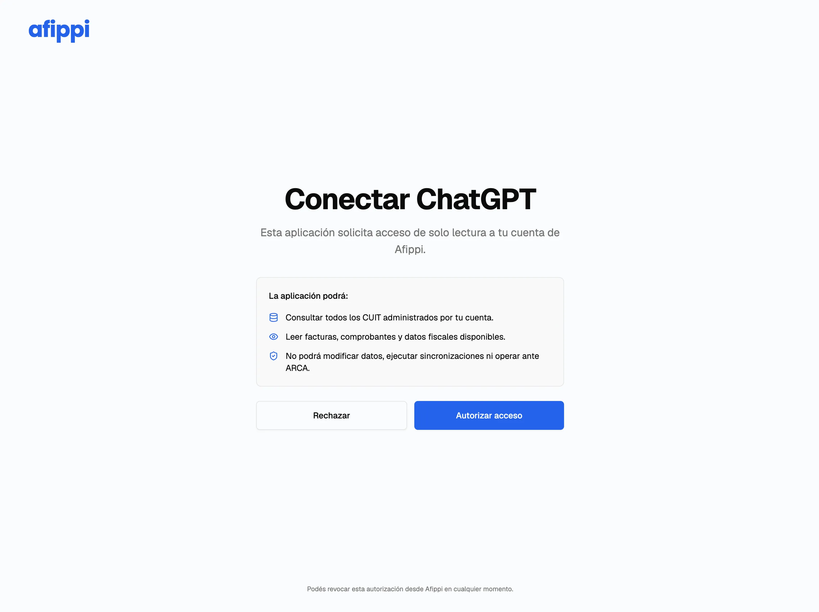 Pantalla de autorización de Afippi con el detalle de permisos de solo lectura y los botones Rechazar y Autorizar acceso.