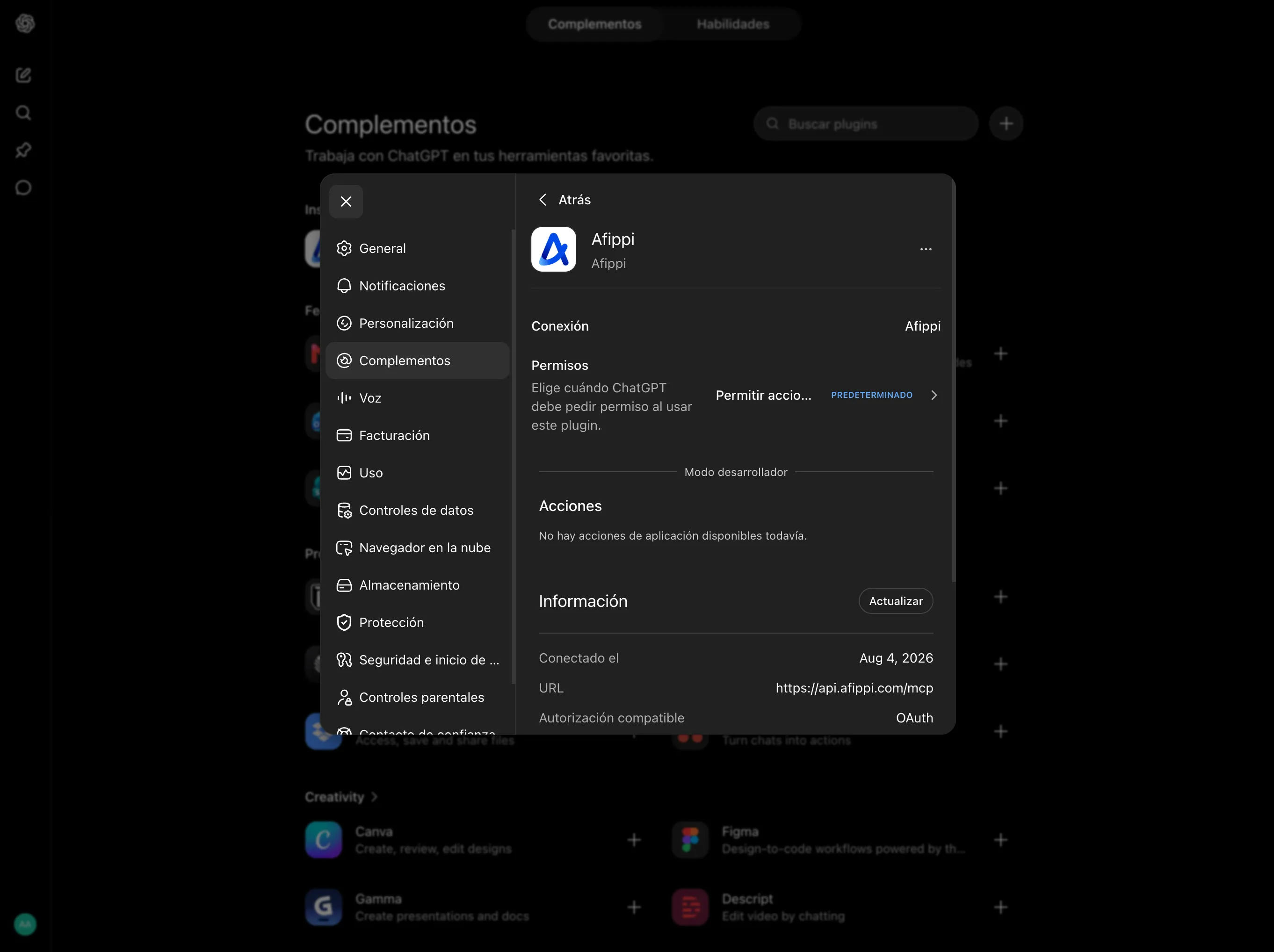 Ficha del complemento Afippi en ChatGPT, con la URL del servidor y la autorización OAuth.
