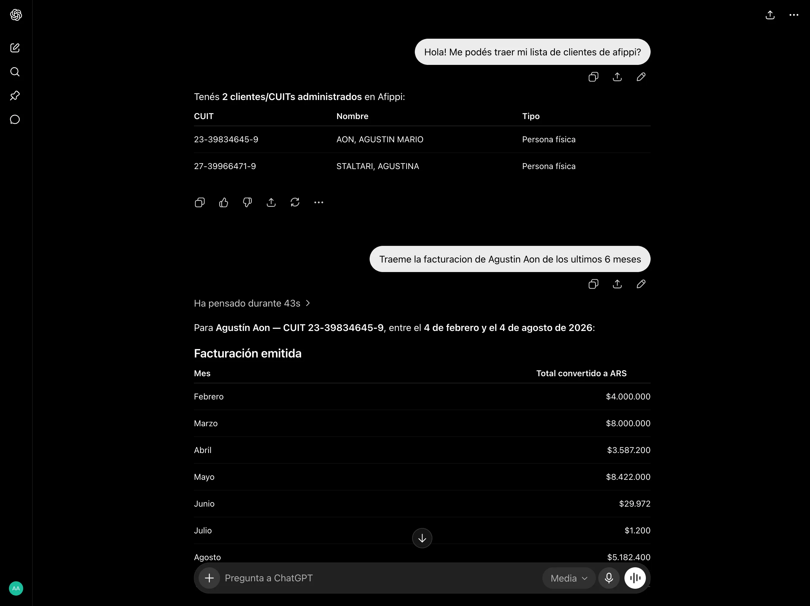 Conversación en ChatGPT: devuelve la lista de CUITs administrados y después la facturación emitida mes a mes de uno de ellos.
