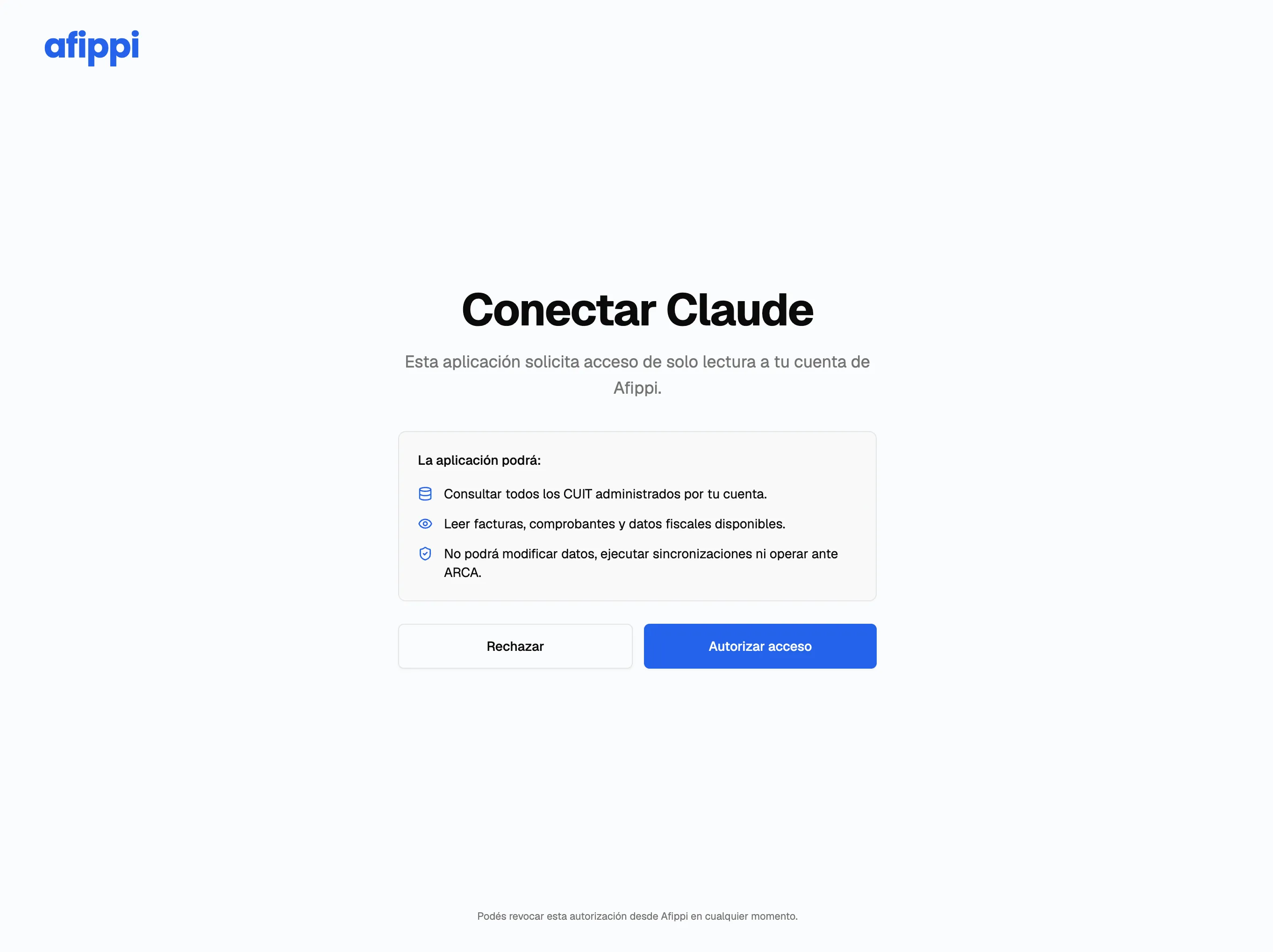 Pantalla de autorización de Afippi con el detalle de permisos de solo lectura y los botones Rechazar y Autorizar acceso.
